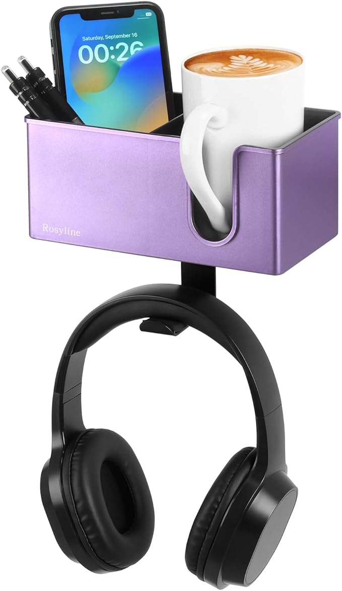 Rosyline 3-in-1 Clip-on Desk Organizer for Expanding Office and Gaming Space - Pen, Headphone, and Desk Item Holder (Purple)