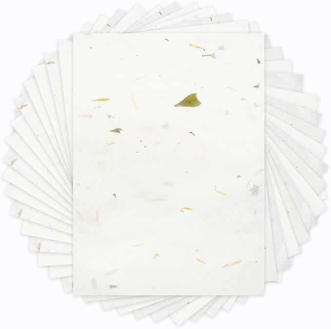 Benvo 50 Sheets A4 Natural Mulberry Paper Visible Leaves Fiber Rice Paper Printable Decoupage Tissue Paper Sheets for Writing, Painting, Card Making, DIY Crafts(8.3x11.7in, Semi Transparent Off White)