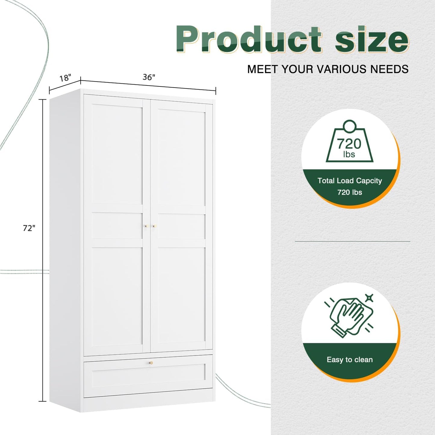 Letaya Wardrobe Closet,72" H Clothing Metal Storage Cabinet with Storage Drawer Adjustable Shelves and Hanging Rod,Bedroom Armoire Cabinet Clothes Organizer (White)