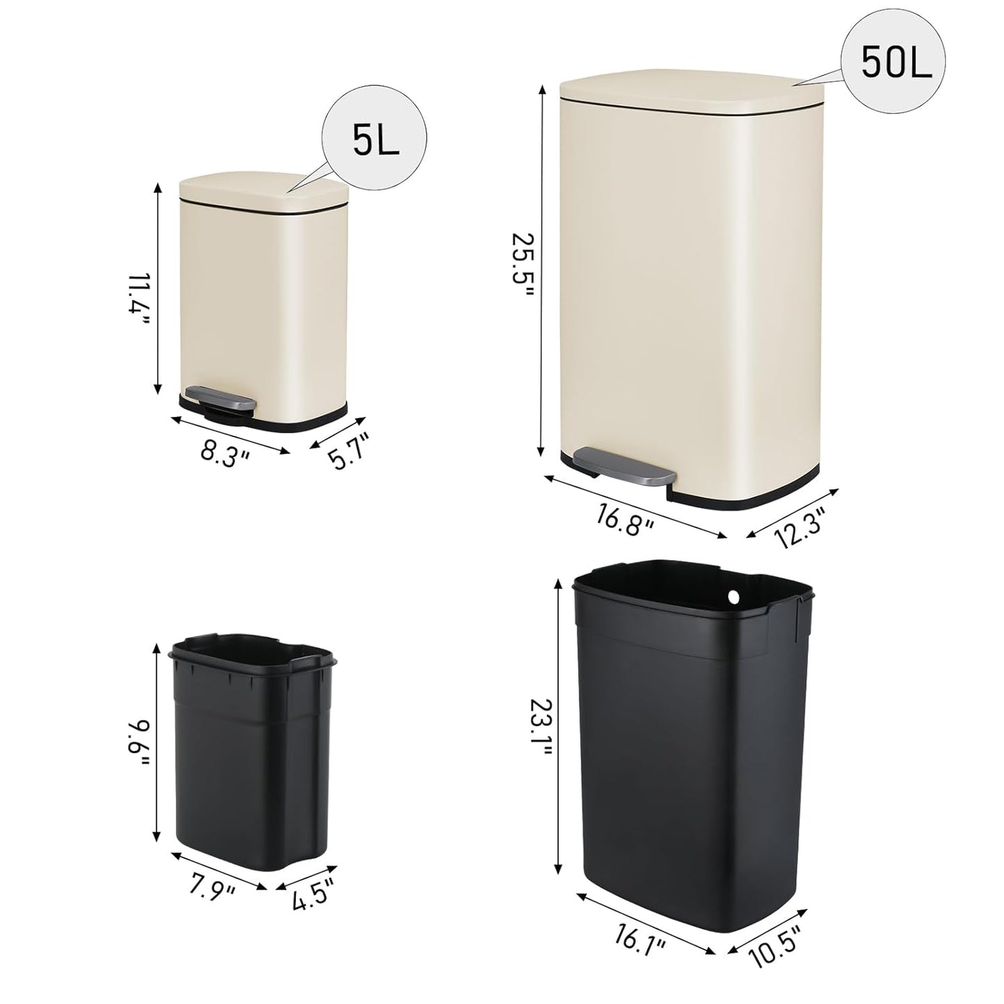 Arlopu 13.2+1.3 Gallon Step Trash Can, Stainless Steel Garbage Bin, Soft-Close Rubbish Bin with Removable Plastic Inner Bucket, Fingerprint-Proof, Lid Dustbin, for Kitchen Home (Beige)