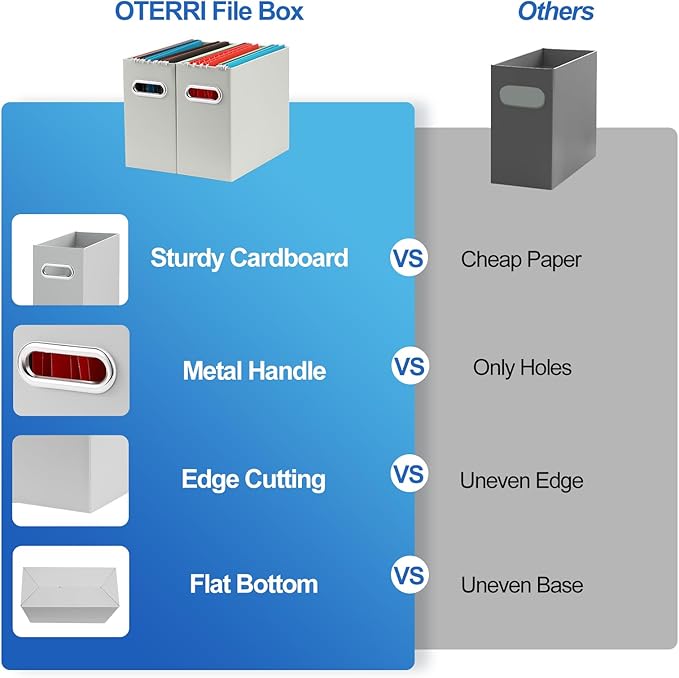 Oterri File Organizer, Small Storage Box, Cardboard File Folder Organizer, Collapsible File Box, Hanging File Organizer for Letter Size, Portable File Box with Handle, Only Box (Grey, 4 Packs)