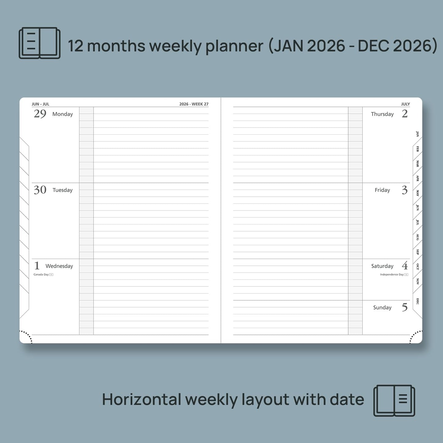 POPRUN Weekly Planner 2026 Calendar (Large 8.5" x 10.5") 12 Months Notebook with Horizontal Layout, Leather Hardcover, Inner Pocket, 100GSM Thick Paper, Pen Holder - Army Green