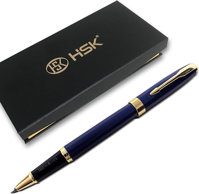 HSK Ballpoint Pens Executive Fountain Pen with Gold Trim, Gift Box Set, Available in Black, Red, Navy Blue,Black Refill Line width 0.5mm (Blue)