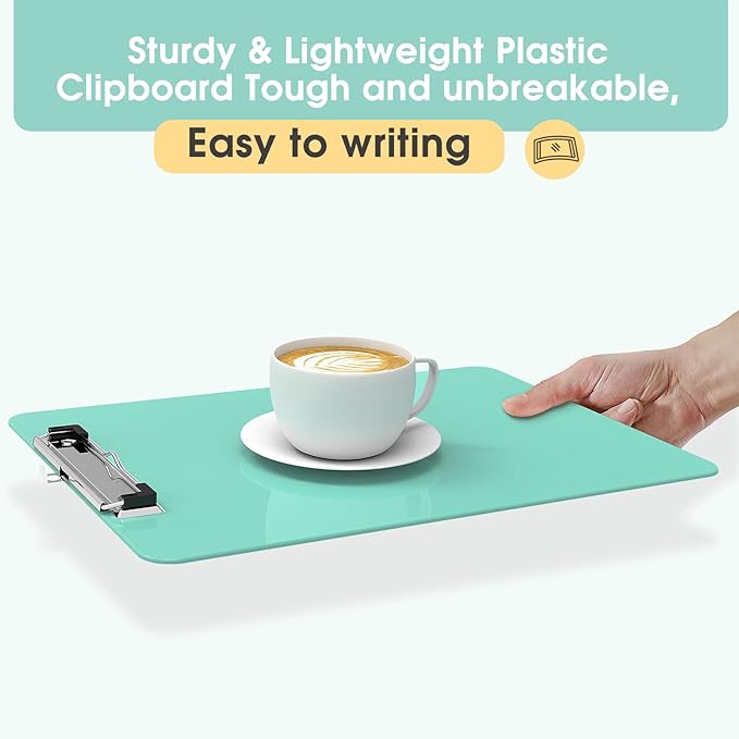 Plastic Clipboards 2 Pack, A4 Teal Clip Board 8.5x11 for Classroom, Students, Kid, Woman, Size 9" x 12.5" with Low Profile Clip, Office & School Supply