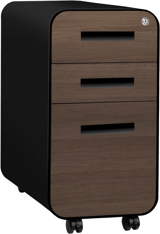 Laura Davidson Furniture Stockpile Slim 3-Drawer Mobile File Cabinet with Lock - Under Desk Metal Filing Cabinet, Legal/Letter File Folders, Wheels & Stationary Feet, Assembled, Black/Wood Faceplate