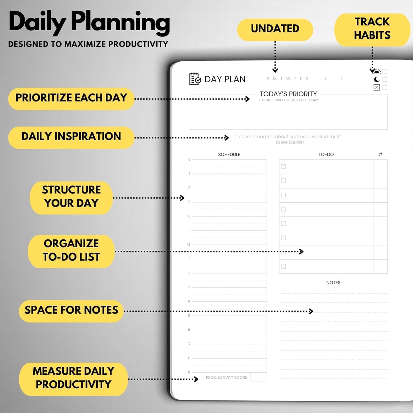 Undated Daily Planner – 3-Month A5 Productivity Organizer with Full Page Per Day, Hourly Schedule, Goal Setting, Habit Tracker, Weekly & Monthly Pages – Hardcover Time Management Notebook (Gray)