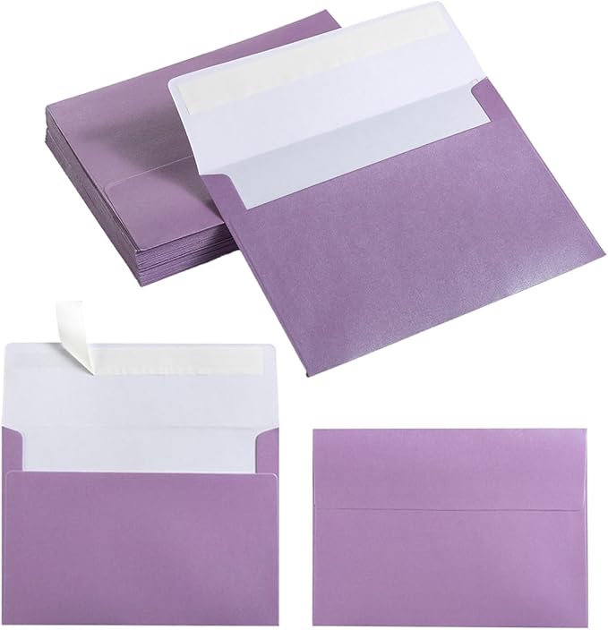 50 Pieces Metallic Shiny Purple Color Self Seal Envelopes for 5x7 Greeting Cards, Invitations, Postcards (Purple, 5x7)