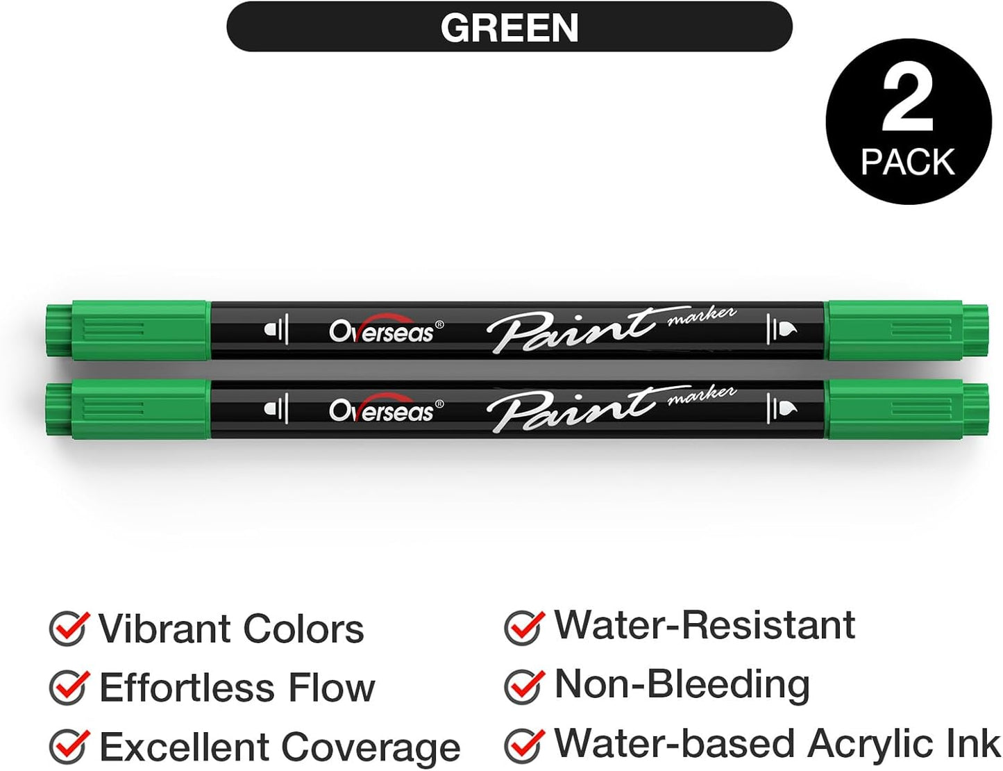 Overseas Green Acrylic Paint Markers, 2 Pack Dual Tip Paint Pens Acrylic Markers with Dot and Brush Tip, Coloring Marker for Wood, Rock, Canvas, Glass, Metal, Ceramic, Plastic, Fabric, School Supplies