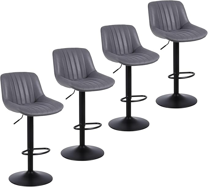 Bar Stools Set of 4, Swivel Counter Height Barstools with Back, Adjustable PU Leather Bar Chairs, Modern Armless Kitchen Island Stool, Dark Grey