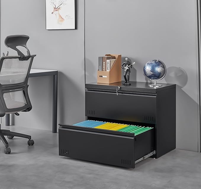 Metal File Cabinet with Lock, 2 Drawer Lateral File Cabinets for Home Office, Printer Stand, Heavy Duty Office Storage Cabinet for A4/Letter/Legal Size, Assembly Required(Black)