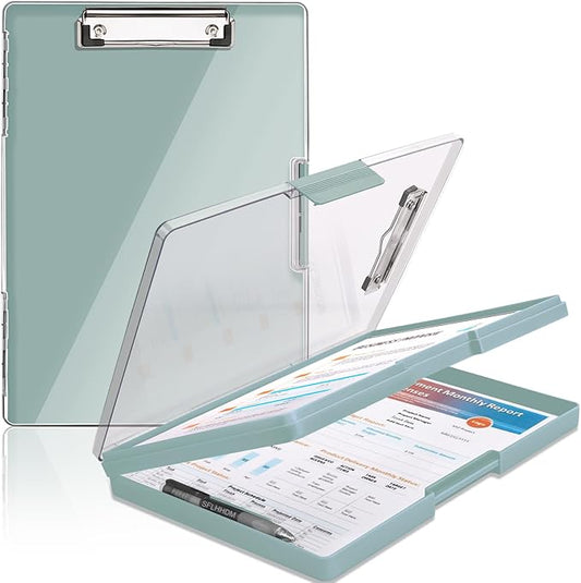 Clipboard with Storage,Heavy Duty Clip Boards 8.5x11 with 2 Storage Case,Clear Visible Top Panel Storage Clipboards,Side Open Clip Boards,Nursing Clipboard Folder Case for Office Supplies-Dark Green