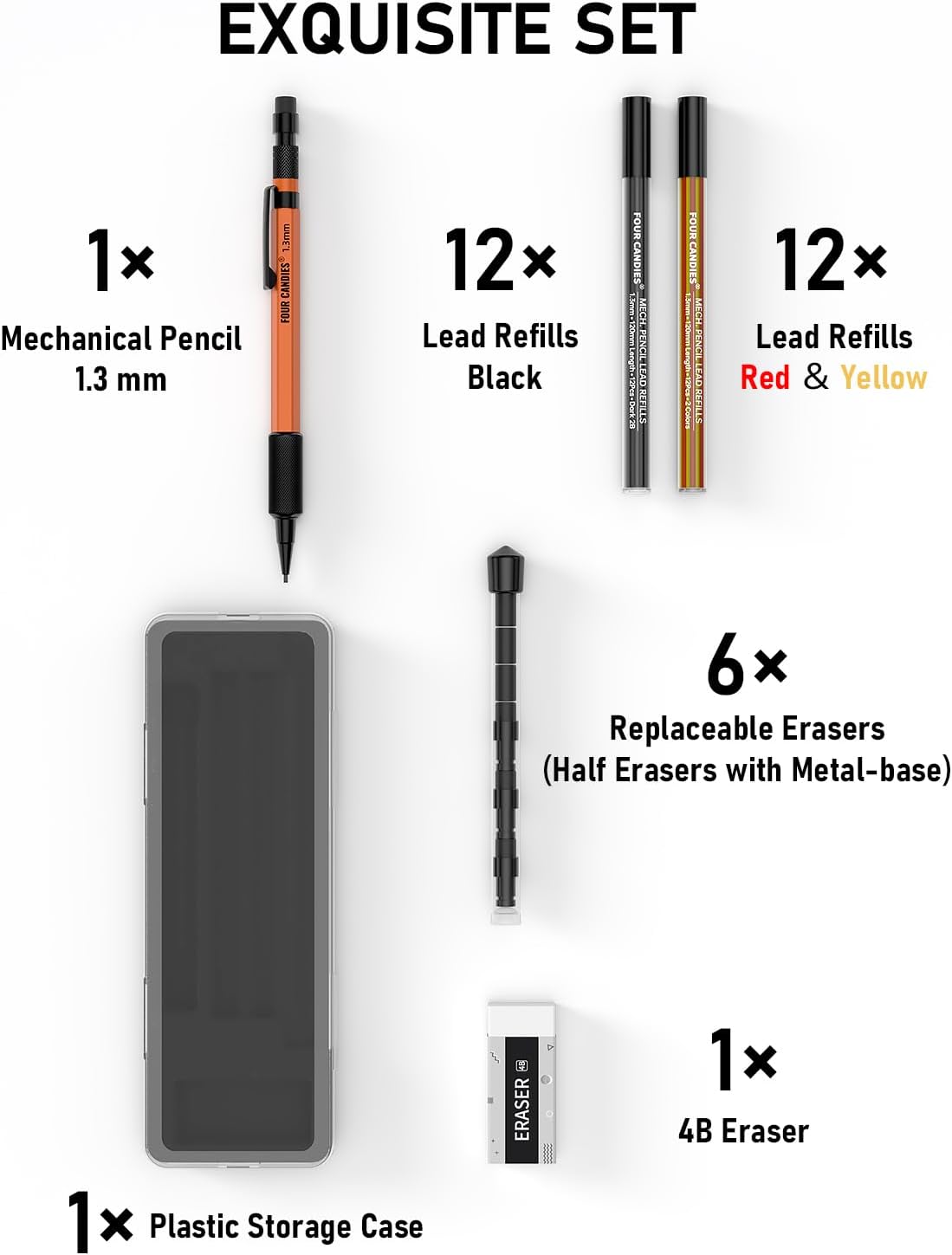 Four Candies 1.3mm Mechanical Pencil Set with 24 Lead Refills, Metal Weatherproof Heavy Duty Outdoor Carpenter Pencil, Eraser, 6 Eraser Refills for Architect Drafting Woodworking Marking with Case