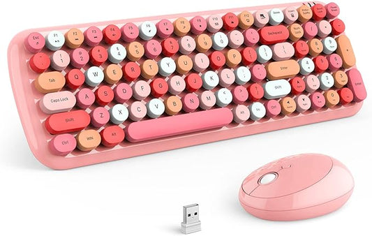 MOFII Wireless Keyboard and Mouse Combo, 2.4GHz Retro Typewriter Keyboard and Cute Mouse for Computer PC Desktops Laptop Windows(Pink Mix)
