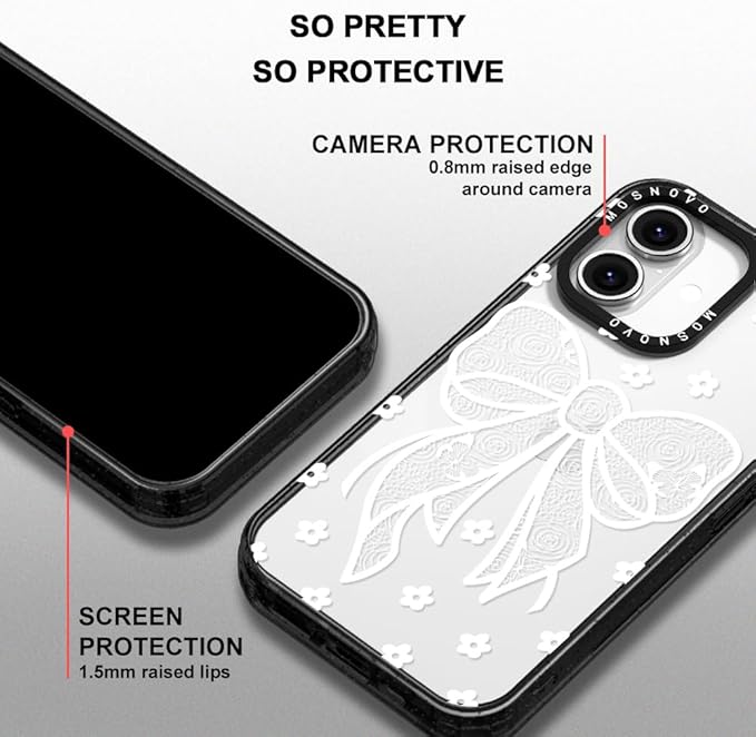 MOSNOVO Case for iPhone 16, [10ft 4X Military-Grade Drop Protection] Durable & Shockproof Phone Case Cover Design for iPhone 16 - Lacey Bow - Clear Black