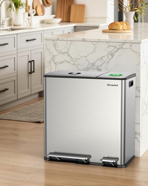 Dual Trash and Recycling Bins for Kitchen, 13.2 + 5.2 Gal (50+20L) Stainless Steel Trash and Recycle Bin Combo with Soft-Close Lid, Large Garbage Cans for Kitchen Home with 2 Magnets Sticker, Silver