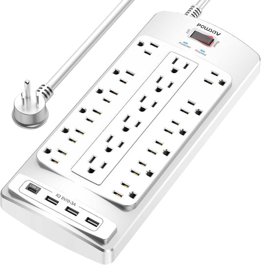 18 Outlets Surge Protector Power Strip - 6 Feet Flat Plug Heavy Duty Extension Cord with 18 Widely Outlets and 4 USB Ports, 2100 Joules, White, ETL Listed