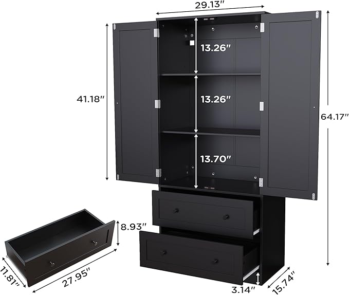 64.2" Tall Black Kitchen Pantry, Storage Cabinet with Doors and Drawers, Freestanding Wooden Organizer for Kitchen, Dining Room