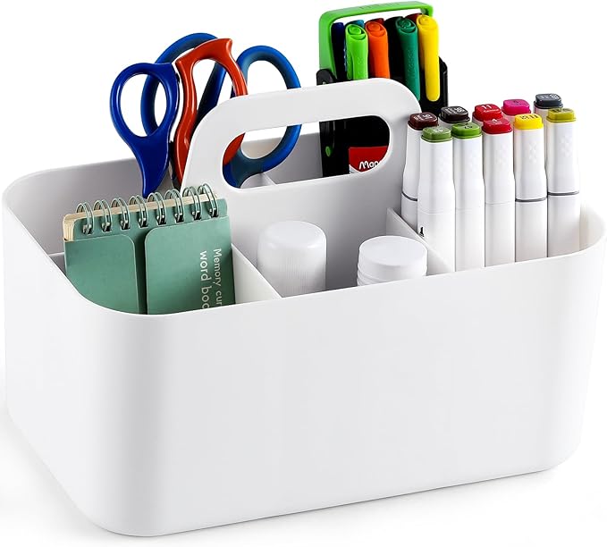 Multiuse Caddy Organizer with Handle - Stackable Plastic Tote Bin - Art Craft Supplies, Office, Desk, Stationery Pen Holder, Kitchen, Utensil, Makeup, Bathroom, Shower, Cleaning, Dorm Organizer -White
