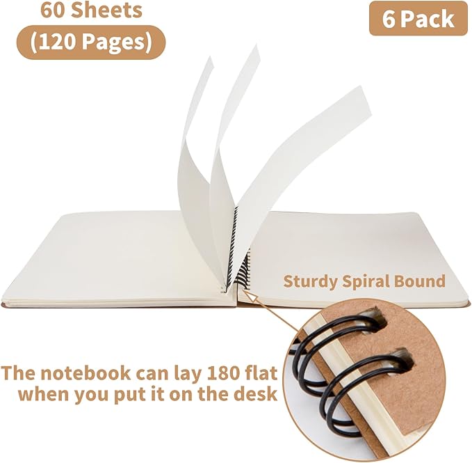 6 Pack Unlined Spiral Notebook for Work - A5 Blank Journals Note Books Bulk for School - Soft Cover Sketchbooks for Drawing Writing, Office Supplies, 60 Sheets/120 Pages,8.2" X 5.8"