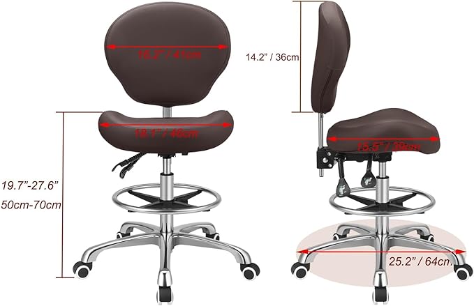 Kaleurrier Adjustable Stools Drafting Chair with Backrest & Foot Rest,Tilt Back,Swivel Seat,Rolling Wheels,for Studio,Dental,Office,Salon and Counter,Armless Tall Home Desk Chairs (Brown)