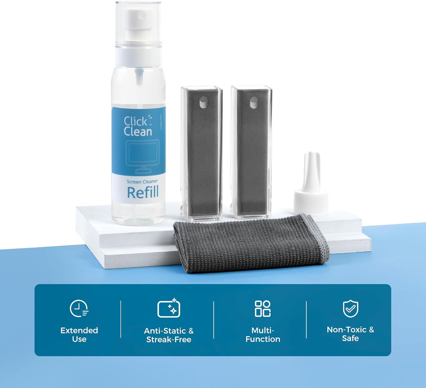 Click Clean Screen Cleaner Kits - 2 All-in-One Mist Cleaner with 4 oz Refill, 1 Microfiber Cloth(7.8 x 7.8in), 1 Mini Funnel, and 1 Sprayer - for All Phones, Laptop and Tablet Screens