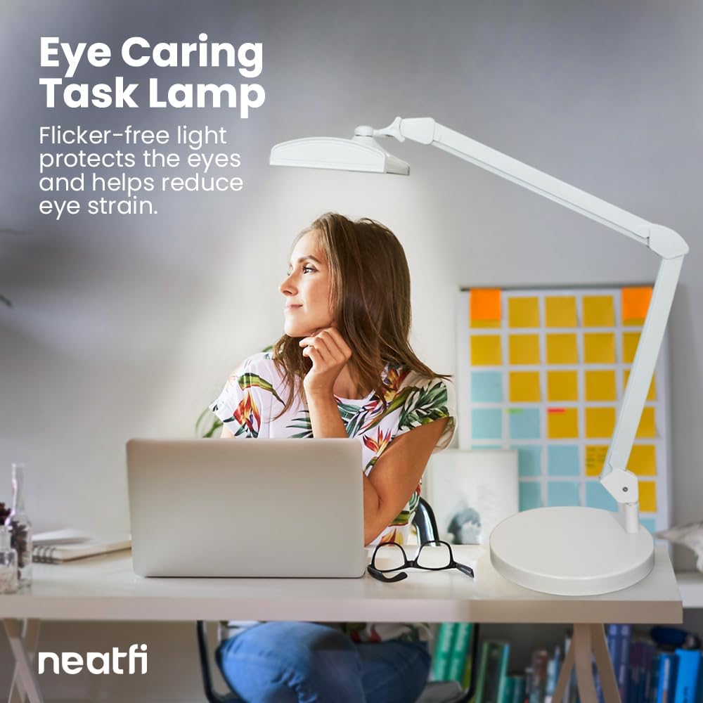 Neatfi Ultra 3,500 Lumen LED Desk Lamp, Color Correlated Temperature, 3 Light Modes, Dimmable, 45W, 26 Inch Wide Metal Shade, 540 SMD LEDs (CCT with Base, White)