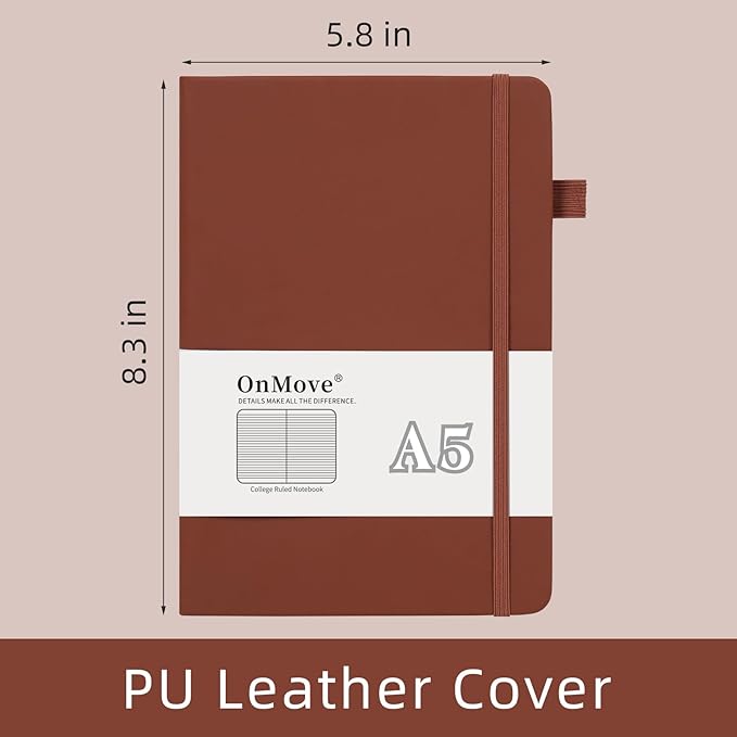 Lined Notebook Journal for Women Men 200 Pages A5 Hardcover Leather with Pen Holder College Ruled Journals for Work Note Taking Travel School Brown