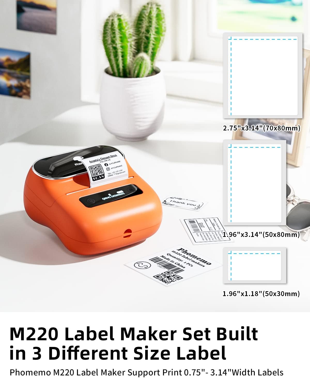 Phomemo M220 Label Maker, New Flagship Barcode Printer, 3.14 '' Bluetooth Thermal Label Printer, for Address, Mailing, Files,Small Printer Compatible with Android, iOS,with 3 Label, 80mm