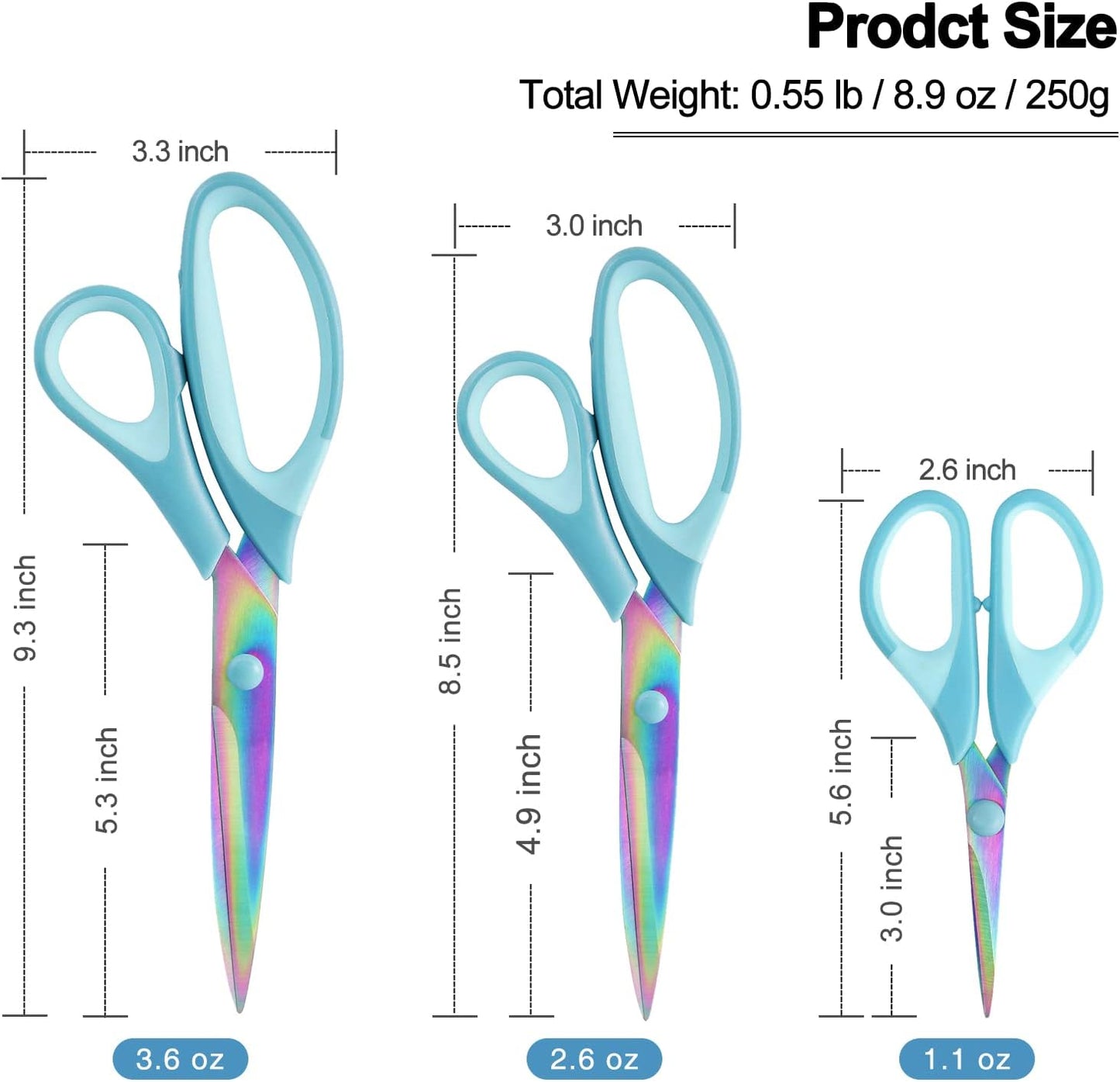 Scissors All Purpose, Sharp Titanium Blades Shears, Rubber Comfort Grip Handle, Multipurpose scissors 3 pack, Great for Office, Fabric, Craft, Sewing, Arts, School and Home Supplies, Blue