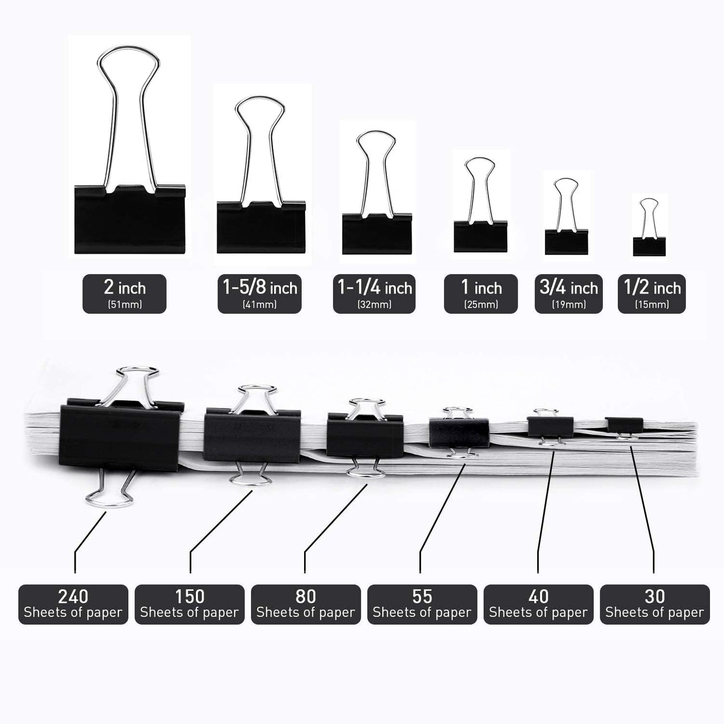 Medium Binder Clips, 72 Pack, 1-1/4 Inch, 1.25 Inch, Standard 32mm, Black, Capacity 0.6 Inch, Metal Paper Clips, Fold Clamp, Office Clips, School & Home Use