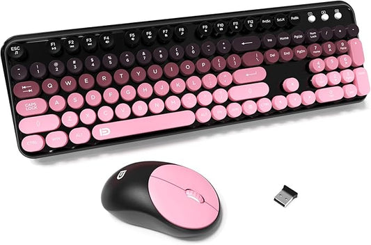 FD Wireless Keyboard and Mouse Combo - 2.4G Full-Sized Cute Colorful Mouse and Keyboard with 104 Round Keys Retro Typewriter Keyboards for Laptop/Windows/PC - Pink Gradient
