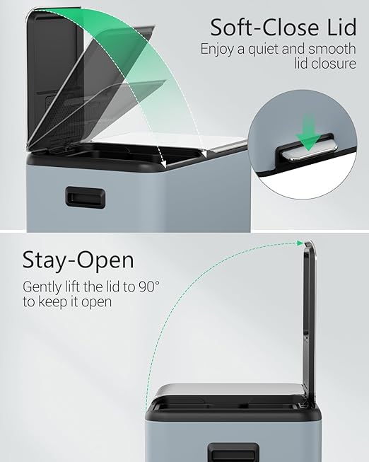 TLSUNNY Kitchen Dual Trash Can, 60L Hands-Free Stainless Steel Garbage Can, Classified Rubbish Bin with Double Compartments, Soft-Close Lid, Inner Bucket, Odor Control (60L) (Haze Blue)