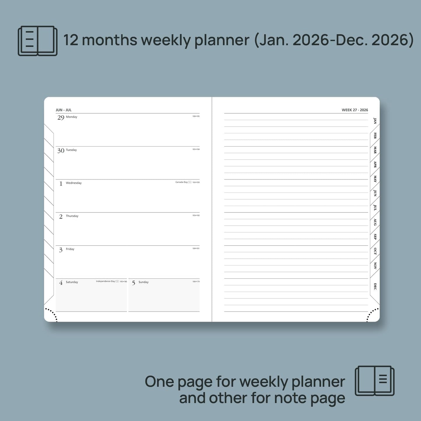 POPRUN Weekly Planner 2026 (Medium 6.5" x 8.5") Calendar 12 Months Notebook with Horizontal Layout, Leather Soft Cover, Monthly Tabs, Inner Pocket, 100GSM Thick Paper, Pen Holder - Petrol Green