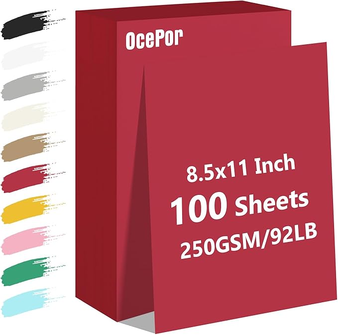 OcePor 100 Sheets Valentine's Day Red Cardstock Paper, Colored Printer Paper 8.5 x 11, Card Stock Thick Construction for Craft,Scrapbook，Office Printing, Invitations, Certificates，92 lb/250gsm