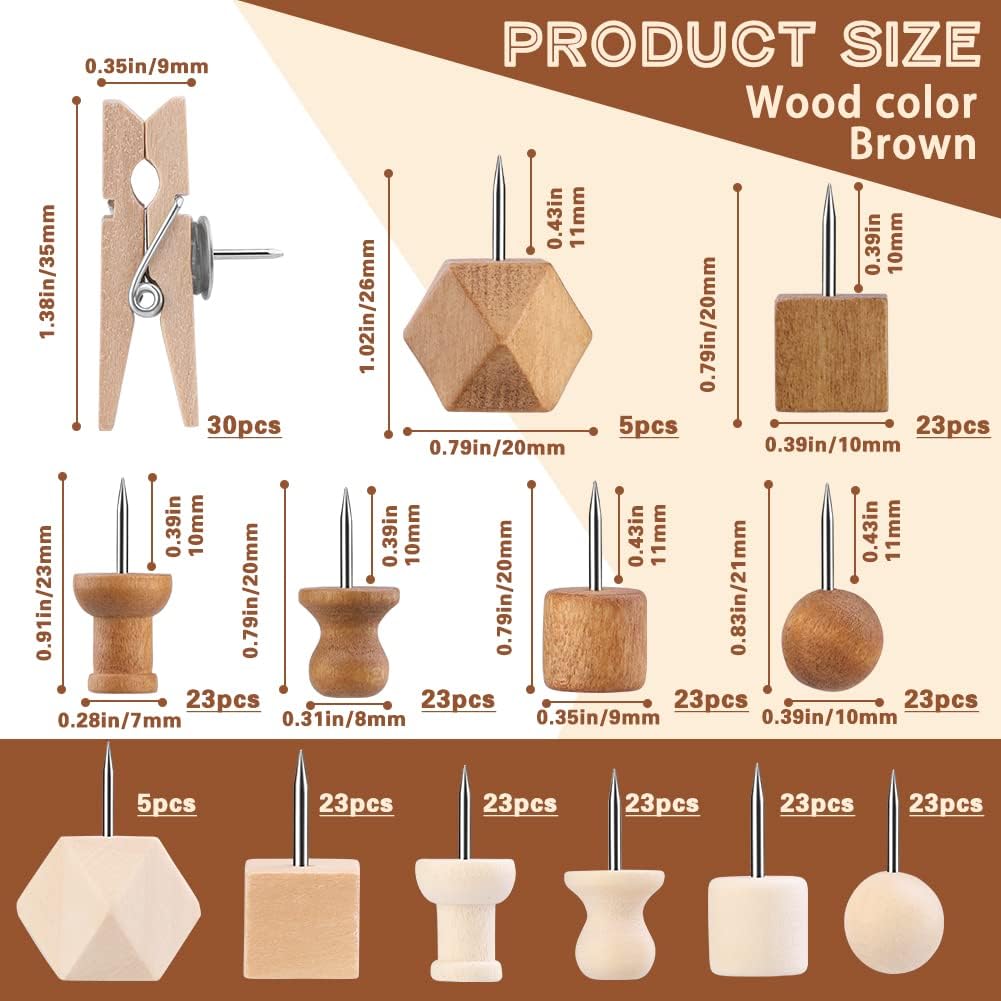 270 Pcs Wood Push Pins, 2 Colors and 7 Types Decorative Thumb Tacks Wooden Head Pin Marking Pin, Wood Thumb Tacks Decorative for Bulletin Boards Craft Projects with Storage Box