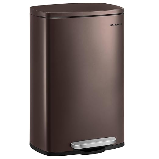 SONGMICS 13 Gallon (50 L) Trash Can, Stainless Steel Kitchen Garbage Can, Recycling or Waste Bin, Soft Close, Step-On Pedal, Removable Inner Bucket, Brown ULTB50BR