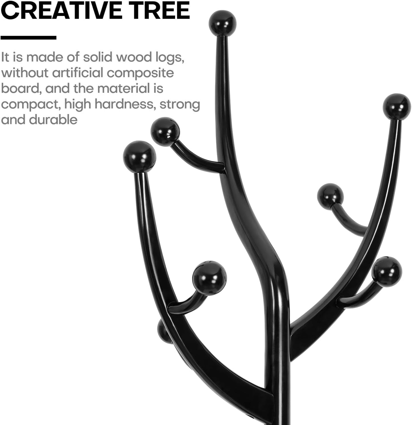 Coat Rack Freestanding Coat Tree with Sturdy Round Base, Unique Coat Hanger Stand, Heavy Duty Standing Coat Rack Clothes Stand for Winter Jacket, Hat, Entryway/Hallway/Bedroom, Black