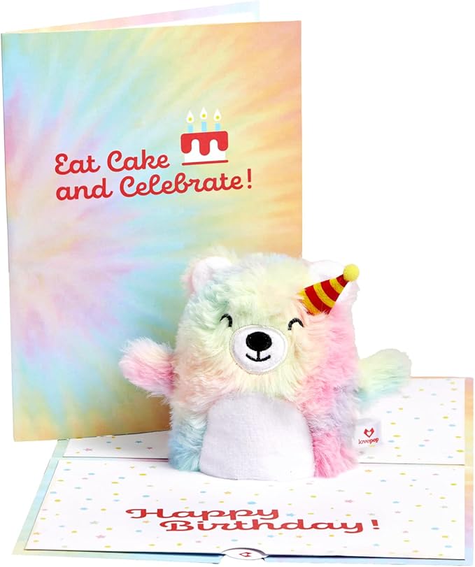 Lovepop Plushpop Soft Animal Pop-Up Card for Her and Him - 3D Bear Happy Birthday Greeting Card for Boys, Girls, Men, Women - Celebrate 6" x 8" Card - Tie Dye