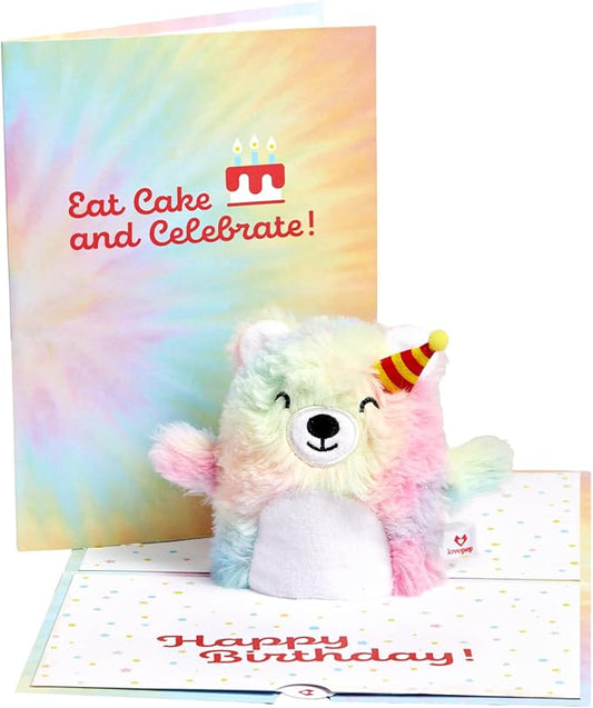 Lovepop Plushpop Soft Animal Pop-Up Card for Her and Him - 3D Bear Happy Birthday Greeting Card for Boys, Girls, Men, Women - Celebrate 6" x 8" Card - Tie Dye