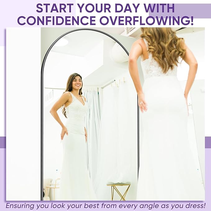 Full Length Mirror, 91"x46" Oversized Floor Mirror Freestanding, Full Body Floor Standing Mirrors with Stand, Hanging Mounted for Bedroom Living Room, Black, Arched Style