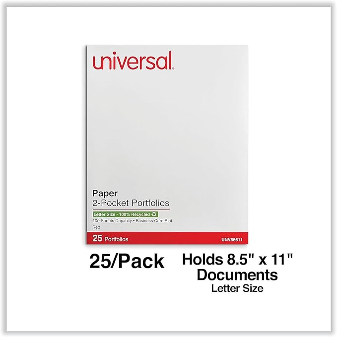 Universal UNV56611 11 in. x 8.5 in. Embossed Leather Grain Paper 2-Pocket Portfolio - Red (25/Box)
