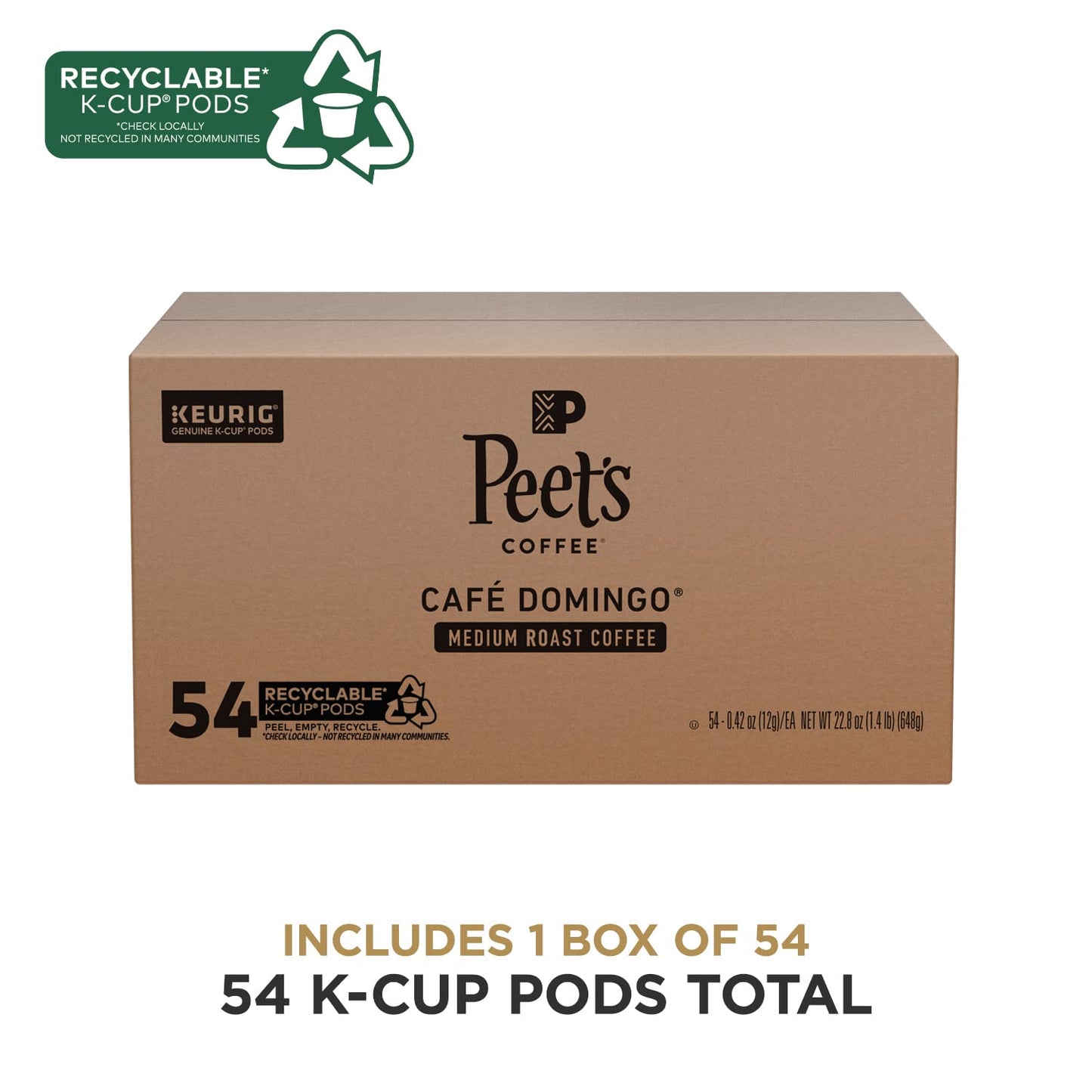 Peet's Coffee, Medium Roast Keurig K-Cup Pods - Café Domingo 54 Count (1 Box of 54 Pods)