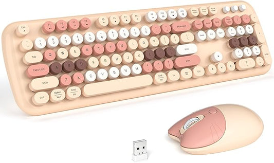 MOFII Wireless Keyboard and Mouse Combo, Full-Sized Colorful Typewriter Keyboard with Round Keycaps, 2.4G Cute Mouse Compatible with PC/Laptop/Computer,Milk Tea Color