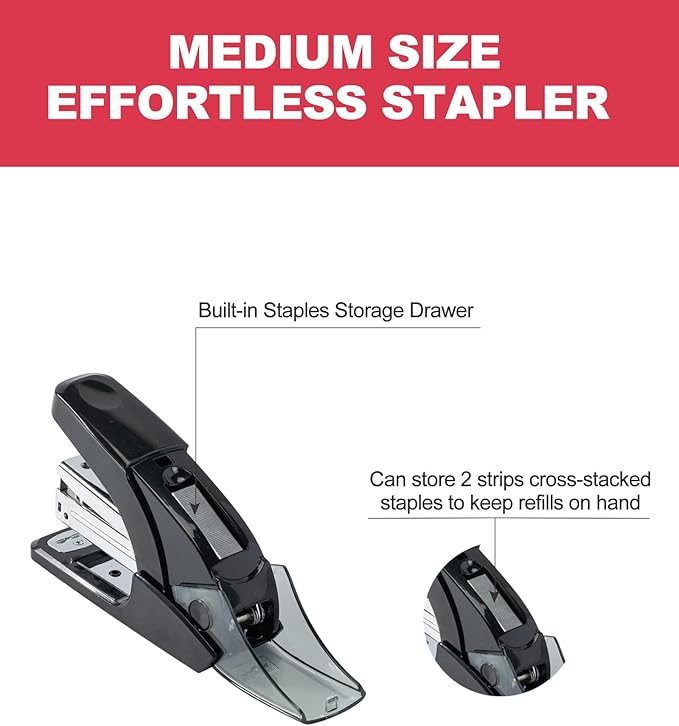 PAPERPAL Effortless Standard Stapler Set, 20 Sheet Capacity, Half Strip, Built-in Staples Storage, Holds 1/4" Staples, Includes 1000 Staples and A Staple Remover, Office, School & Personal Use, Black