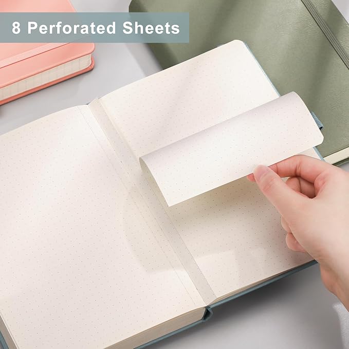 EMSHOI Dotted Notebook - 256 Pages A5 Bullet Dotted Journal, Hardcover Dot Grid Notebook, Leather Notebooks for Work, 120gsm Thick Paper,16 Perforated Pages, Inner Pocket,5.75'' × 8.38''-Pink