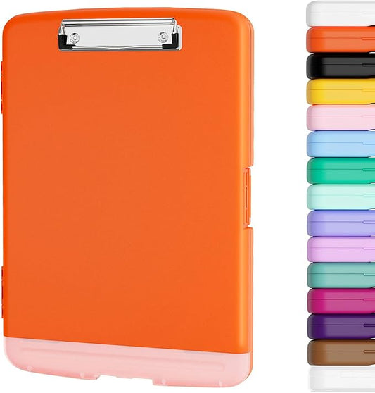 Piasoenc Clipboard with Storage, 8.5 x 11 Organization Box with Pen Holder and A4 Legal Paper Folder, Heavy Duty Plastic, Folio & Side-Opening, Low Profile Clip, for Nurses, Teachers, Orange