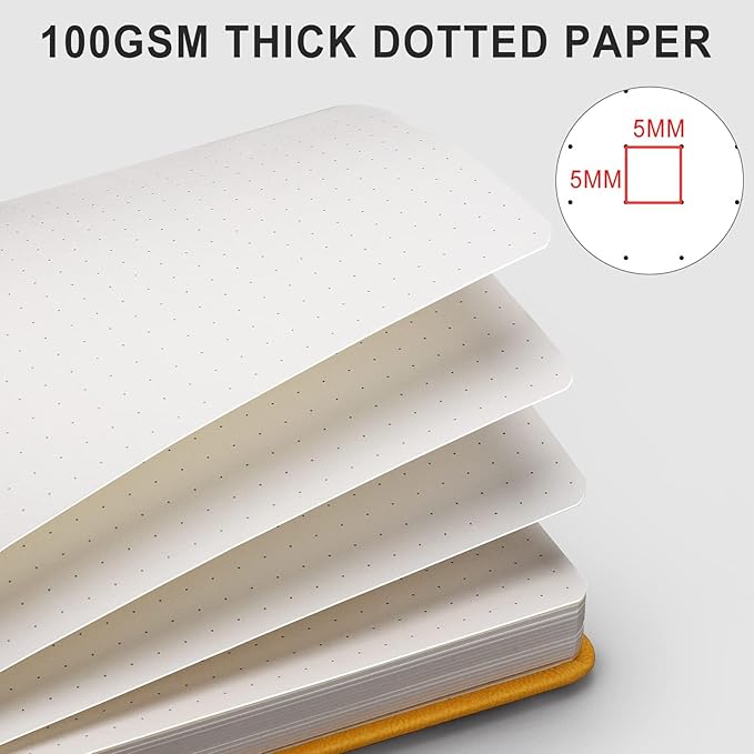 AHGXG Bullet Dotted Journal - 320 Numbered Pages Dot Grid Notebook A5 Thick Journal, 100gsm Thick Dotted Paper, Leather Hardcover,Inner Pocket, 5.75'' × 8.38'' - Yellow