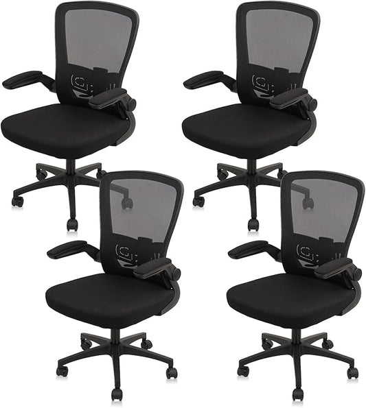 Office Desk Chairs with Wheels, Ergonomic Mesh Chair with Adjustable Height Lumbar Support, Rolling Swivel Computer Task Chair with Flip Up Armrests for Home, Study, Conference, Black (4PK)