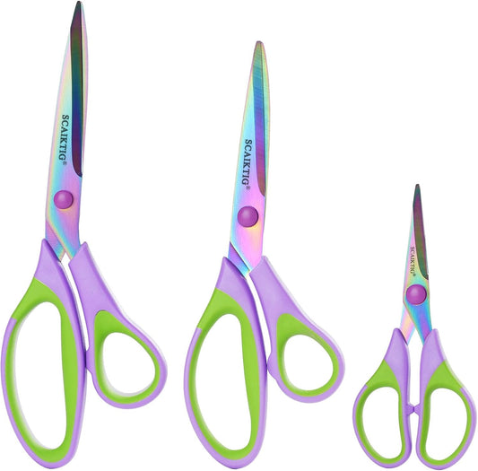Scissors All Purpose, Sharp Titanium Blades Shears, Rubber Soft Grip Handle, Multipurpose scissors 3 pack, Great for Office, Fabric, Craft, Sewing, Arts, School and Home Supplies, Green
