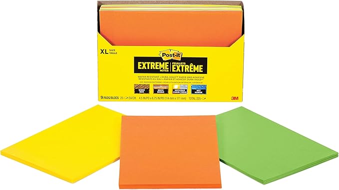 Post-it Extreme XL Notes, Works Outdoors, Works in 0-120 Degrees Fahrenheit, 100X The Holding Power, Orange, Yellow, Green, 25 Sheets per Pad, 9 Pads/Pack (EXT456-9CT)